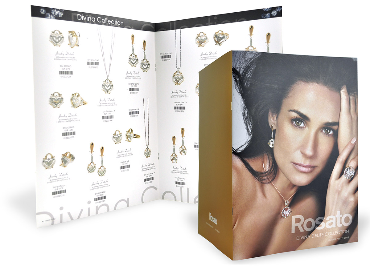 Foto professionali per gioielli in oro e diamanti per l'azienda di oro Rosato, impaginazione e grafica catalogo