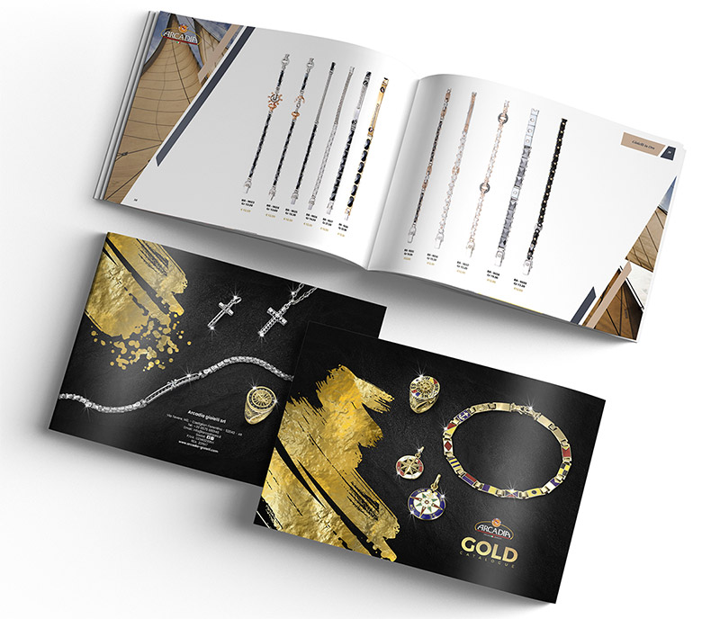Realizzazione grafica catalogo collezione gioielli Oro Arezzo, impaginazione gioielli e stampa